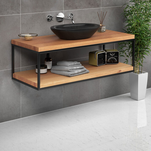 Hängender Waschbeckenunterschrank aus massivem Eichenholz mit filigranem Stahlgestell im modernen Badezimmer