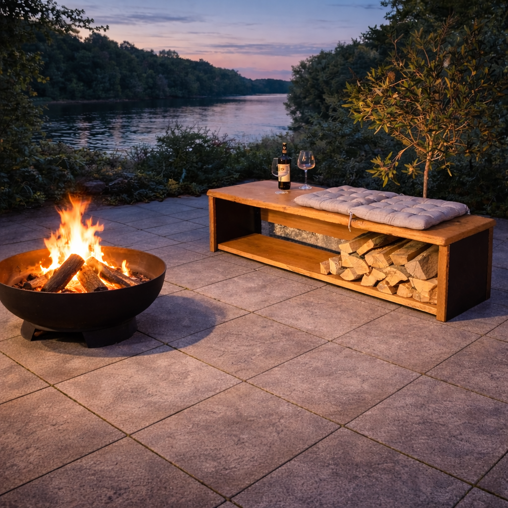 Gartenbank mit Stauraum aus Massivholz mit integriertem Holzlager