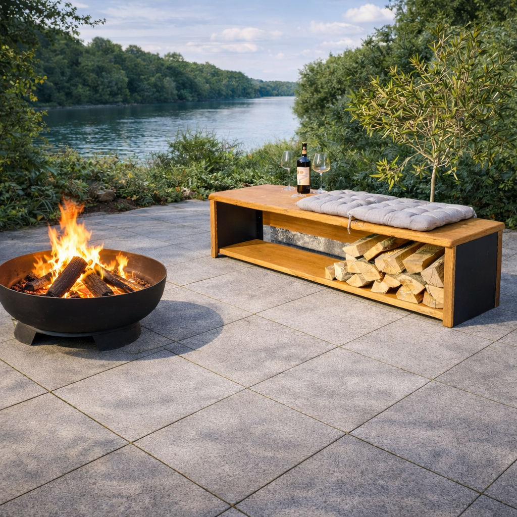 Sitzbank mit Stauraum als Gartenbank aus Massivholz mit offenem Holzfach