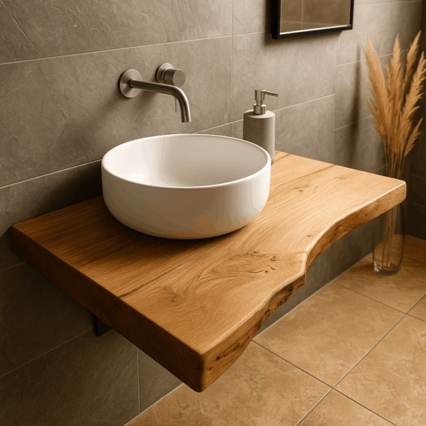 Waschtischplatte aus Eiche mit natürlicher Baumkante, massiv und wasserfest, nach Maß gefertigt