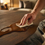 Hand trägt Holzöl auf eine Massivholz-Tischplatte aus dunkler Eiche mit Baumkante auf