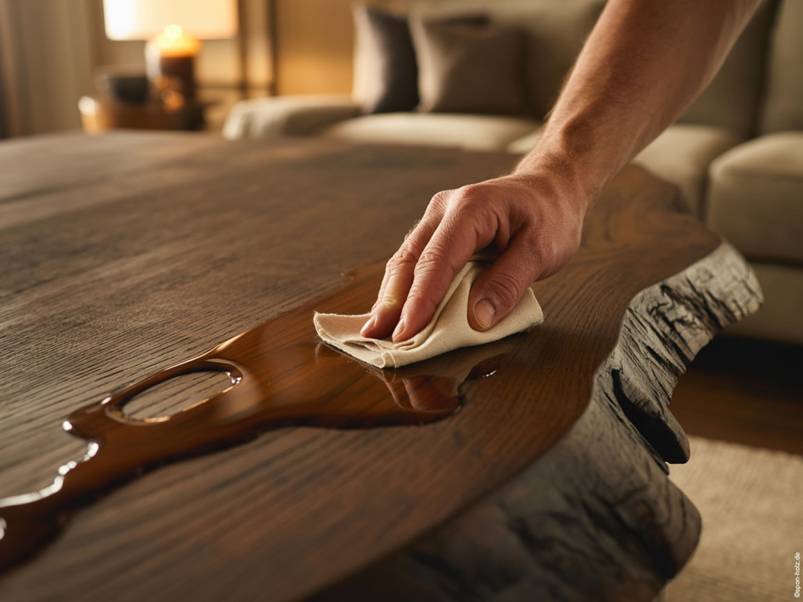 Hand trägt Holzöl auf eine Massivholz-Tischplatte aus dunkler Eiche mit Baumkante auf