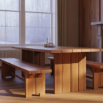 Großer Massivholz-Eichentisch im Wohnzimmer im Winter mit Abstand zu Heizung und Kamin