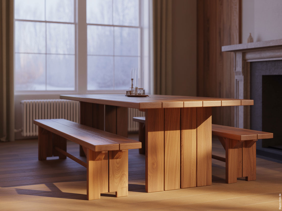 Großer Massivholz-Eichentisch im Wohnzimmer im Winter mit Abstand zu Heizung und Kamin