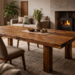 Großer Massivholz-Eichentisch im Wohnzimmer mit Abstand zu Kamin und indirektem Tageslicht