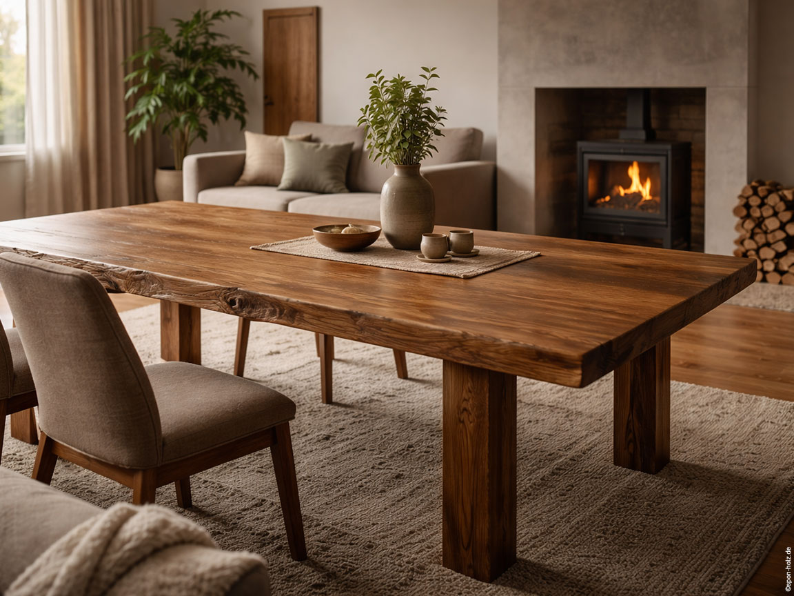 Großer Massivholz-Eichentisch im Wohnzimmer mit Abstand zu Kamin und indirektem Tageslicht