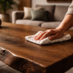 Hand reinigt rustikale Massivholz-Tischplatte aus dunkler Eiche mit Baumkante im Wohnzimmer