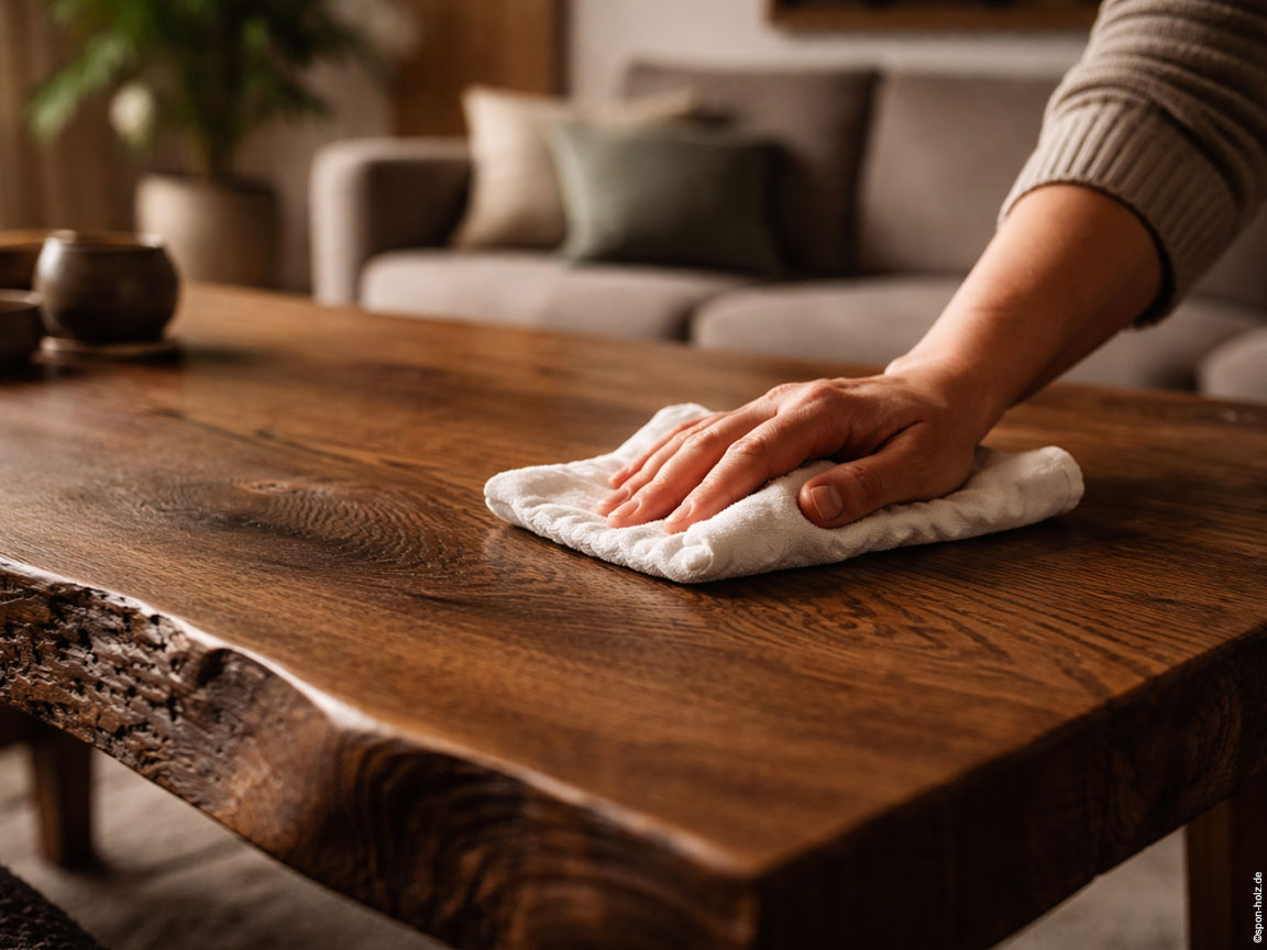 Hand reinigt rustikale Massivholz-Tischplatte aus dunkler Eiche mit Baumkante im Wohnzimmer
