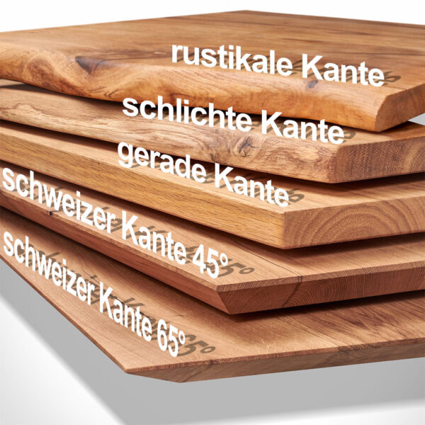 Übersicht verschiedener Kantenformen aus Eichenholz: rustikale Baumkante, schlichte Kante, gerade Kante sowie Schweizer Kante 45° und 65°