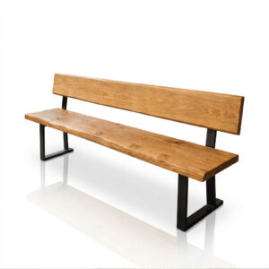 Sitzbank mit Lehne aus massivem Eichenholz auf schwarzem Metallgestell