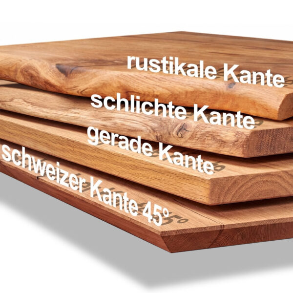 Übersicht der Kantenoptionen für eine Holzbank mit Glasgestell aus Eiche: rustikale Kante, schlichte Kante, gerade Kante, Schweizer Kante 45°