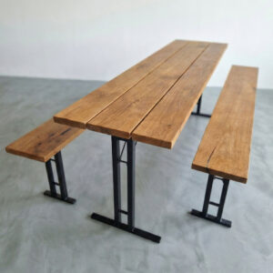 Bierzeltgarnitur Eiche 220x50 klappbar mit T-Gestell in Schwarz, Tisch und zwei Bänke