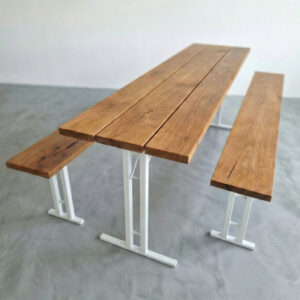 Bierzeltgarnitur aus massiver Eiche 220x50 klappbar mit T-Gestell in Weiß