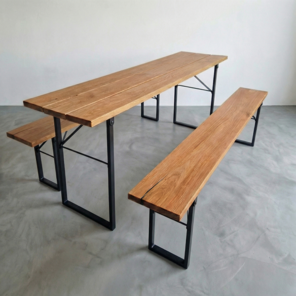 Bierzeltgarnitur aus massiver Eiche 220x50 klappbar mit U-Gestell in Schwarz (Tuna)