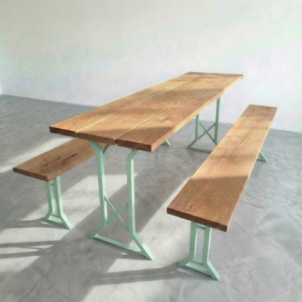 Bierzeltgarnitur Eiche 220x50 klappbar mit X-Gestell in Pastellgrün, Tisch und zwei Bänke