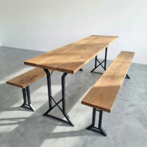 Bierzeltgarnitur aus massiver Eiche 220x50 klappbar mit X-Gestell in Schwarz, Studioansicht