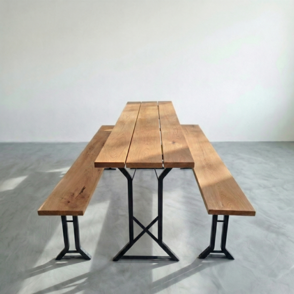 Frontansicht Bierzeltgarnitur Eiche 220x50 mit X-Gestell in Schwarz, Tisch und zwei Bänke