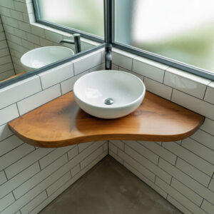 Eck-Waschtischplatte aus Eiche Massivholz mit Aufsatzwaschbecken und Armatur in gefliestem Bad