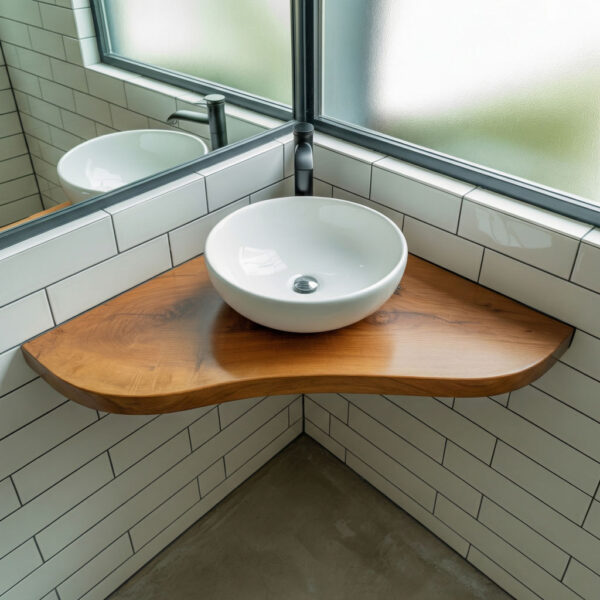 Eck-Waschtischplatte aus Eiche Massivholz mit Aufsatzwaschbecken und Armatur in gefliestem Bad