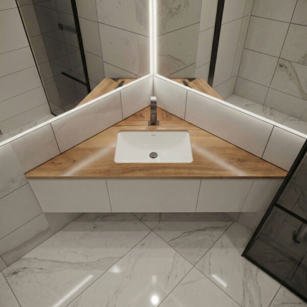 Eck-Waschtischplatte aus Eiche Massivholz als Dreiecksplatte mit integriertem Waschbecken im modernen Bad