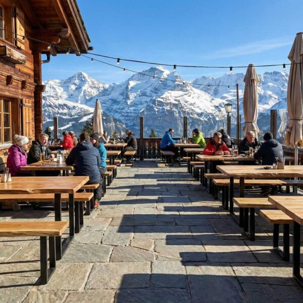 Gartentisch klappbar aus Massivholz Eiche auf Terrasse eines schweizer Berggasthofs