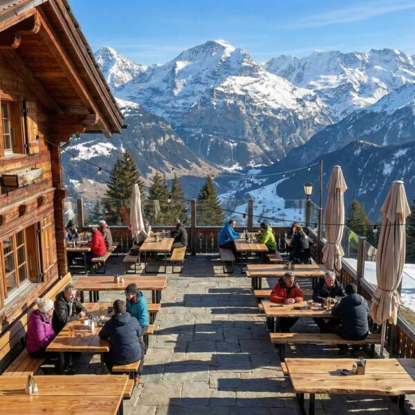Gartentisch klappbar aus Massivholz Eiche auf Terrasse eines Berggasthofs in den Alpen