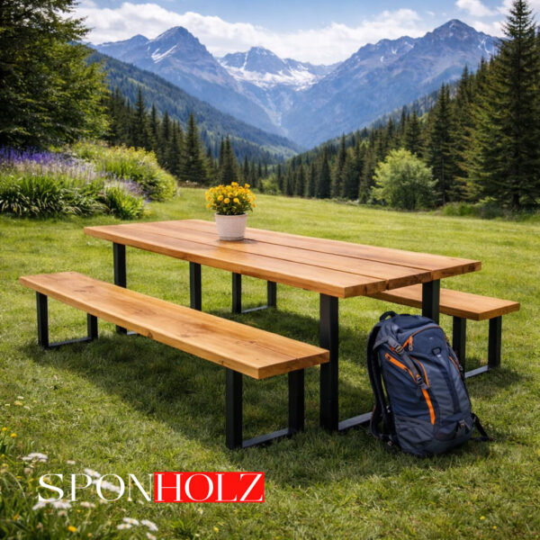 Gartentisch klappbar Set aus Massivholz Eiche auf Alpenwiese mit zwei Bänken