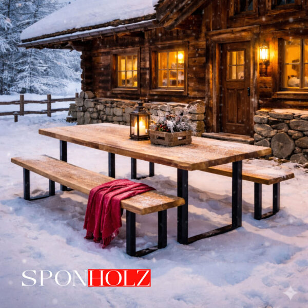 Gartentisch klappbar aus Massivholz Eiche winterfest vor Berghütte im Schnee