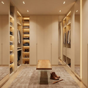 Holzbank mit Glasgestell als Sitzbank im Ankleidezimmer