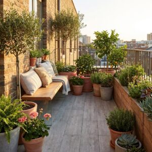 Holzbank mit Glasgestell auf urbanem Balkon mit vielen Pflanzen und Holzdeck