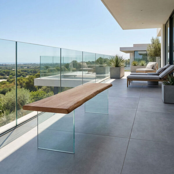 Holzbank mit Glasgestell auf Dachterrasse mit Glasgeländer und großformatigen Fliesen