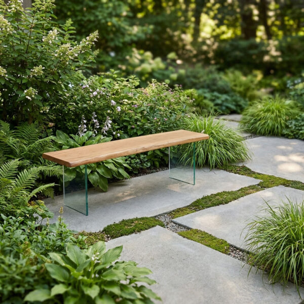 Eichenbank mit Glasgestell als Sitzbank am Gartenweg zwischen Pflanzen und Betonplatten