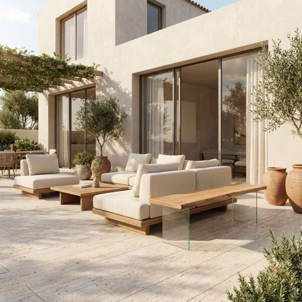 Holzbank mit Glasgestell auf moderner Terrasse neben Outdoor-Lounge auf Naturstein