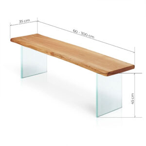 Maßgrafik der Outdoor Holzbank mit Glasgestell aus Eiche: Länge 60–300 cm, Tiefe 35 cm, Höhe 45 cm