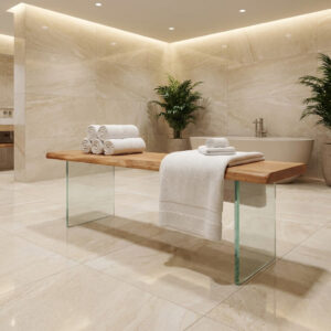 Eichenbank mit Glasuntergestell im Spa-Bad auf Natursteinfliesen