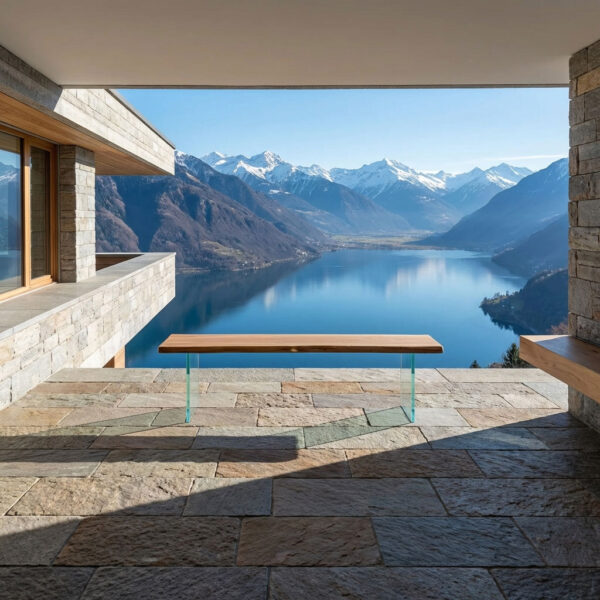 Holzbank mit Glasgestell aus Eiche auf Naturstein-Terrasse mit Berg- und Seeblick