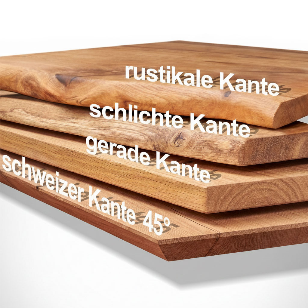 Vier Kantenvarianten für Massivholz Tischplatten aus Eiche: rustikale Kante, schlichte Kante, gerade Kante und Schweizer Kante 45 Grad