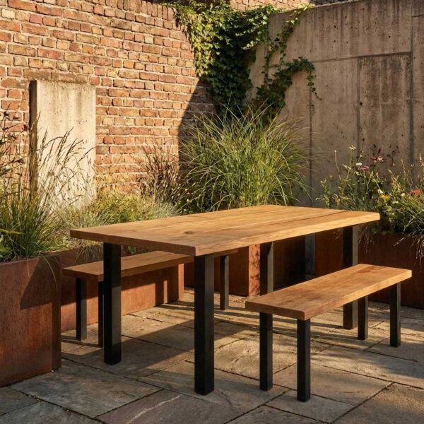 Gartenbank Holz aus massiver Eiche mit schwarzem Metallgestell als Set auf moderner Terrasse