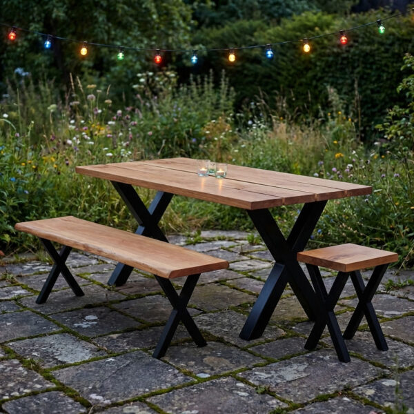 Gartenbank wetterfest aus Eiche mit X-Gestell in Abendstimmung mit Lichterkette als Sitzgruppe