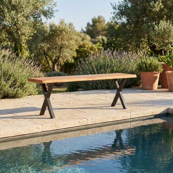 Gartenbank wetterfest aus Eiche mit X-Gestell aus Metall am Pool auf Steinterrasse