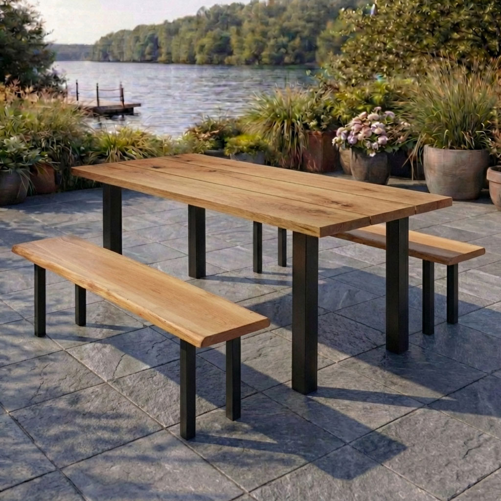 Gartentisch Eiche aus Massivholz mit zwei Outdoorbänken auf moderner Terrasse am See