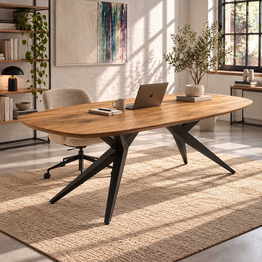 Dänisch-ovaler Tisch aus Eiche mit schwarzem Spider-Gestell als Schreibtisch im Homeoffice